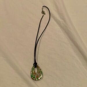 EUC pendant necklace with leather band- pendant is silver, copper and green